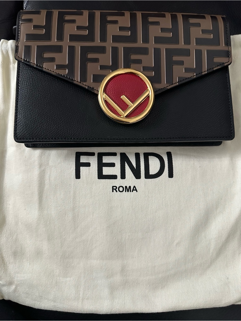 Fendi Black, Brown & Red FF Logo Wallet on Chain Envelope